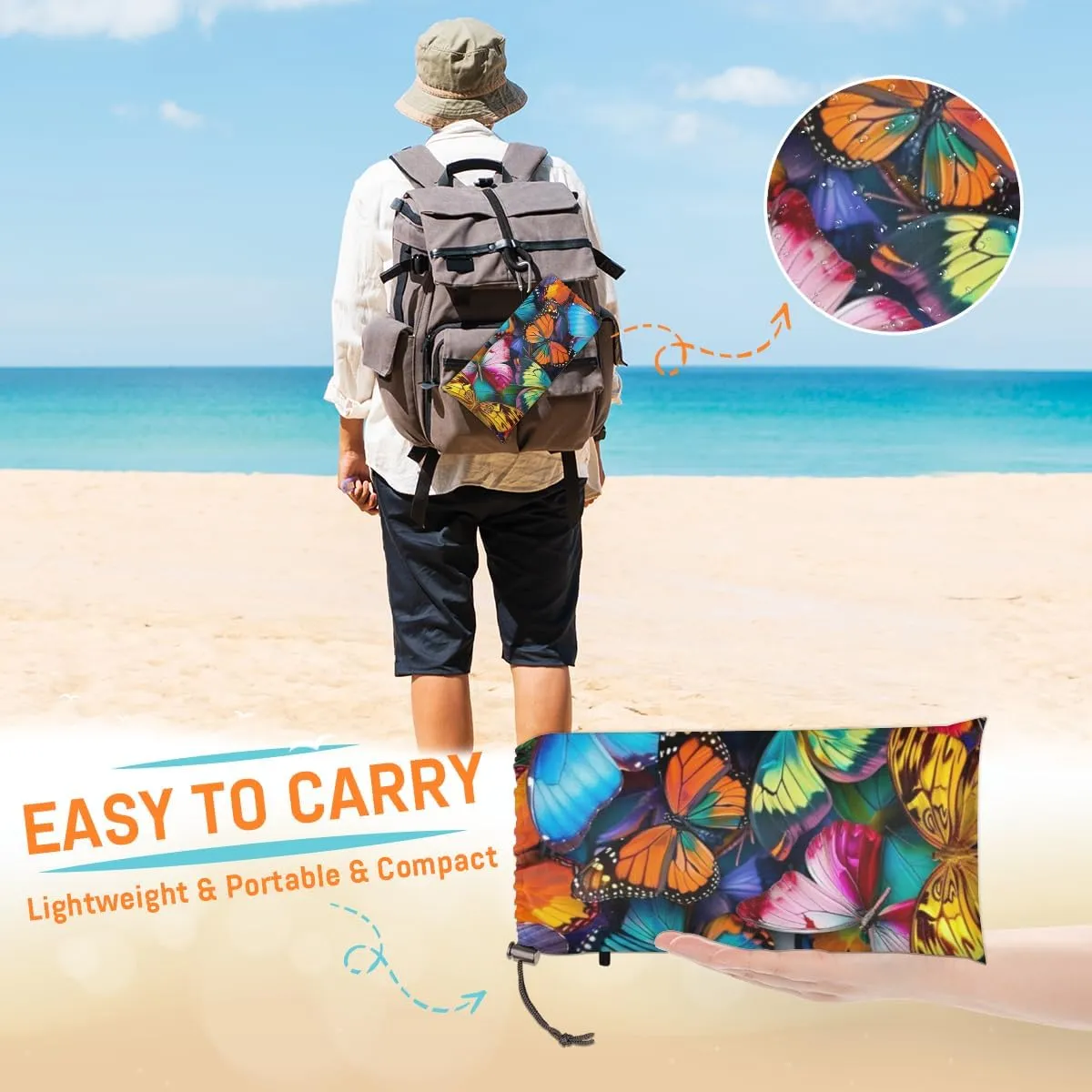 Colorful Butterfly Beach Blanket, Sandproof Beach Mat, Adults Waterproof Quick Drying Sand Free Mat with 4 x Ground Spikes for Outdoor Travel Camping Hiking, Butterflies