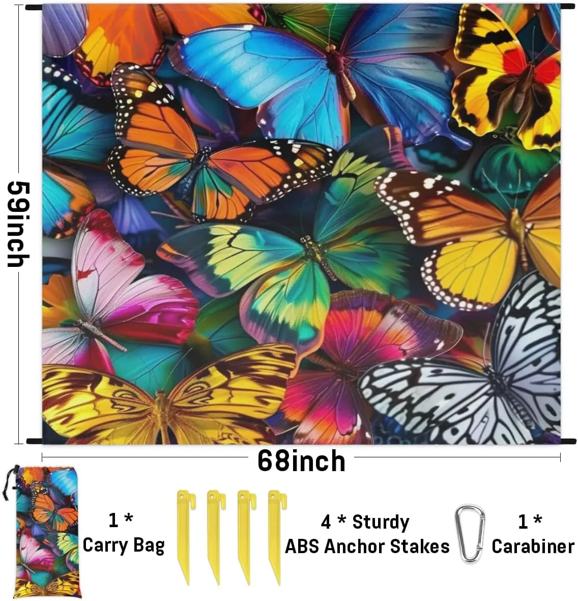 Colorful Butterfly Beach Blanket, Sandproof Beach Mat, Adults Waterproof Quick Drying Sand Free Mat with 4 x Ground Spikes for Outdoor Travel Camping Hiking, Butterflies