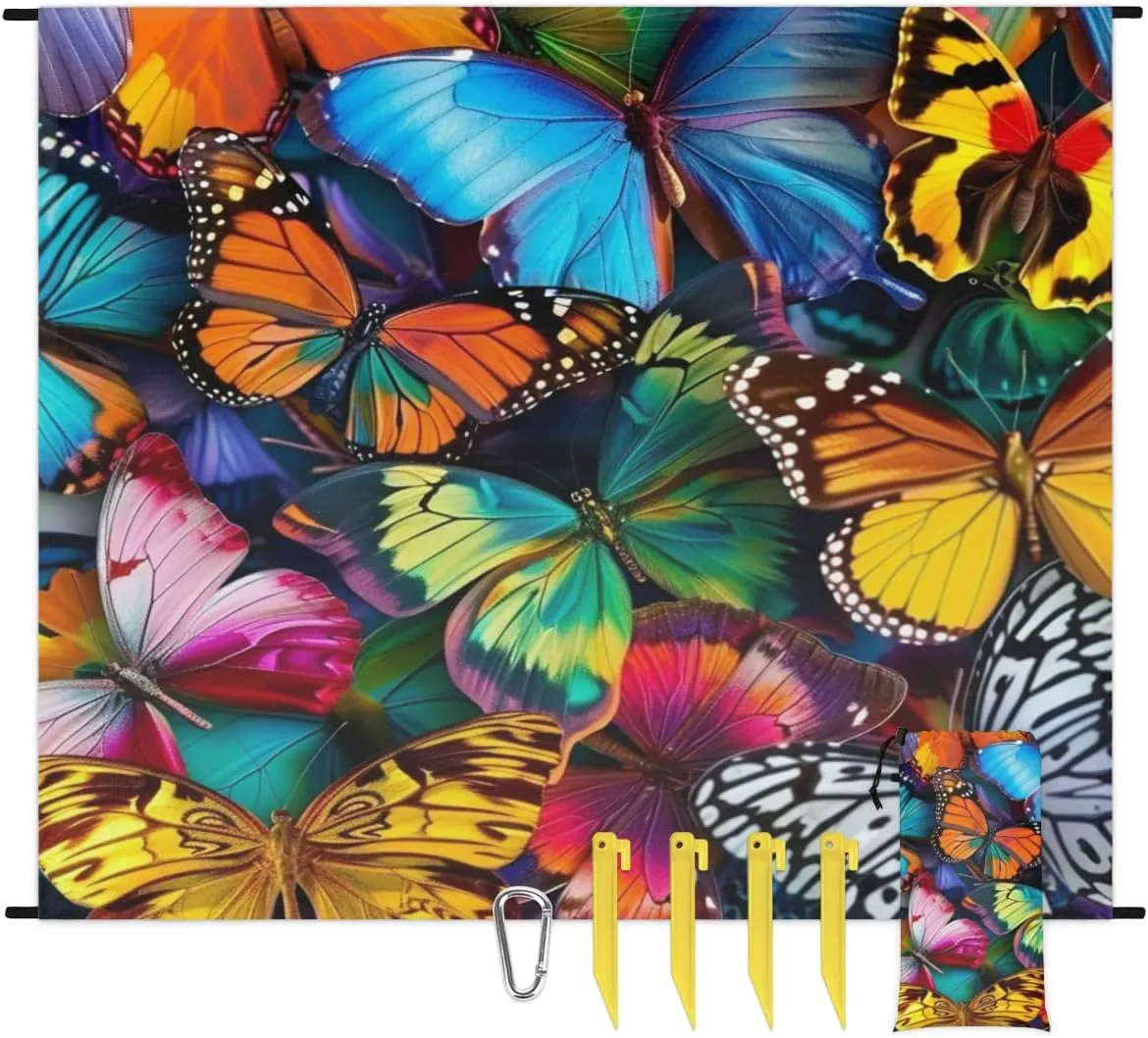 Colorful Butterfly Beach Blanket, Sandproof Beach Mat, Adults Waterproof Quick Drying Sand Free Mat with 4 x Ground Spikes for Outdoor Travel Camping Hiking, Butterflies