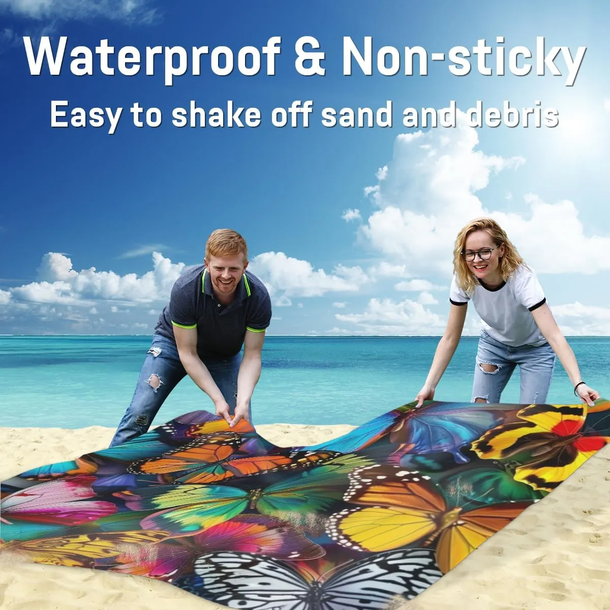 Colorful Butterfly Beach Blanket, Sandproof Beach Mat, Adults Waterproof Quick Drying Sand Free Mat with 4 x Ground Spikes for Outdoor Travel Camping Hiking, Butterflies