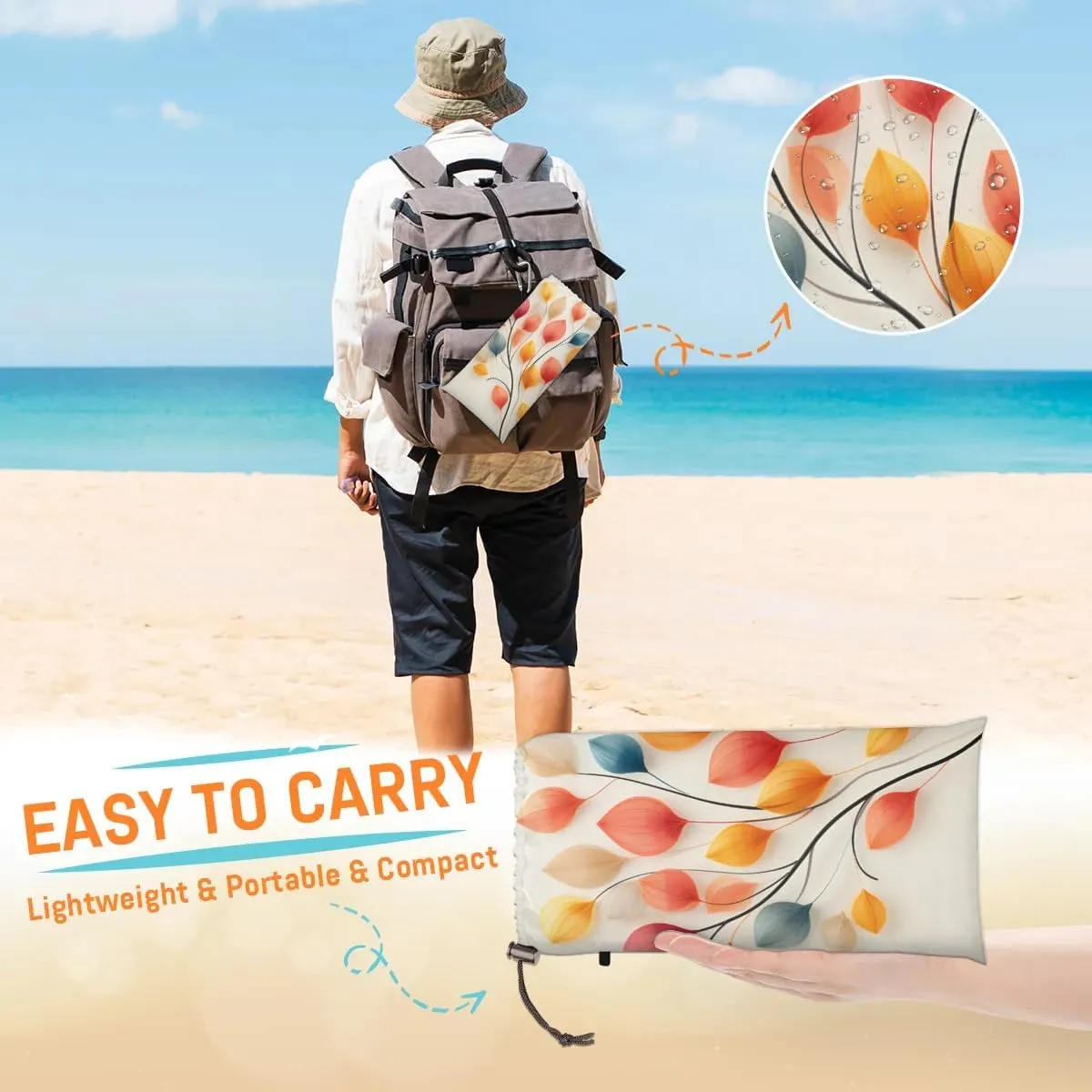 Colorful Tree Leaf Beach Blanket, Sandproof Beach Mat, 68 x 59 Waterproof Quick Drying Sand Free Mat with 4 x Ground Spikes for Outdoor Travel Camping Hiking, Leaves