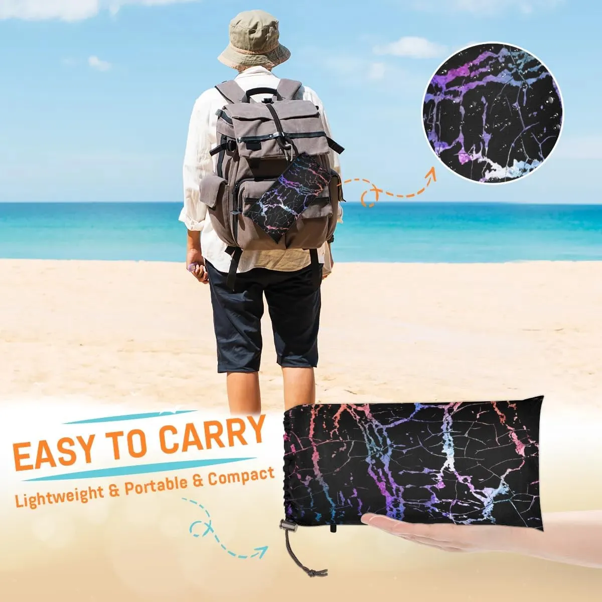 Colour Marble Beach Blanket, Sandproof Beach Mat, 68 x 59 Waterproof Quick Drying Sand Free Mat with 4 x Ground Spikes for Outdoor Travel Camping Hiking, Abstract Marble