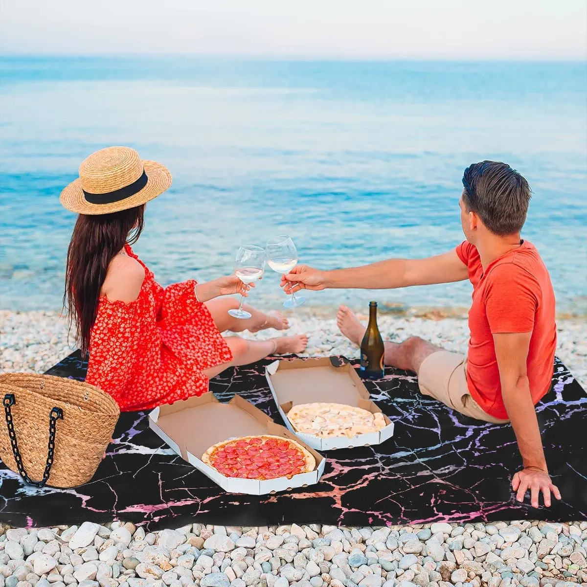 Colour Marble Beach Blanket, Sandproof Beach Mat, 68 x 59 Waterproof Quick Drying Sand Free Mat with 4 x Ground Spikes for Outdoor Travel Camping Hiking, Abstract Marble