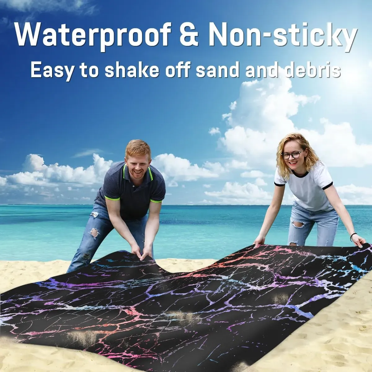 Colour Marble Beach Blanket, Sandproof Beach Mat, 68 x 59 Waterproof Quick Drying Sand Free Mat with 4 x Ground Spikes for Outdoor Travel Camping Hiking, Abstract Marble
