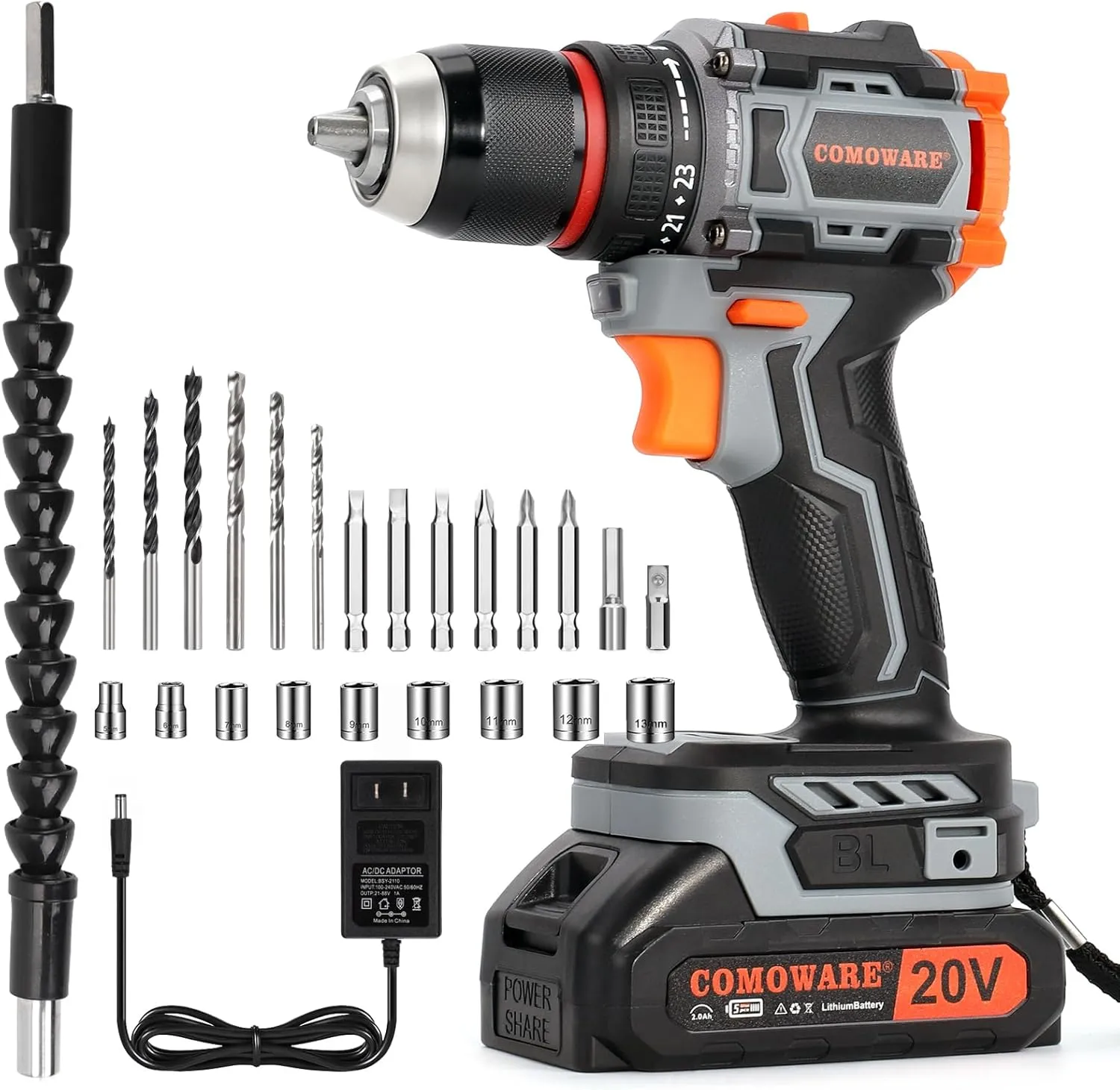 COMOWARE 20V Cordless Drill, Brushless Power Drill Set with 1.5Ah Li-ion Battery & Fast Charger, 23 1 Clutch 1/2" Keyless Chuck Max 38 N.m, Dual Speed Electric Drill Driver Accessories