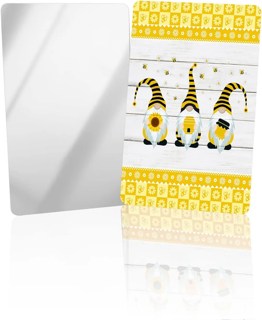 Compact Card Mirror, Unbreakable Stainless Steel Makeup Mirror Farmhouse Honey Bee Gnomes on Wood Plank Rectangular Handheld Small Travel Mirror for Camping, Travelling