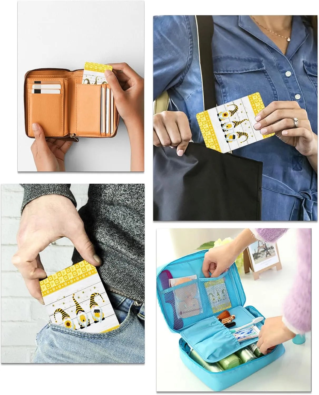 Compact Card Mirror, Unbreakable Stainless Steel Makeup Mirror Farmhouse Honey Bee Gnomes on Wood Plank Rectangular Handheld Small Travel Mirror for Camping, Travelling