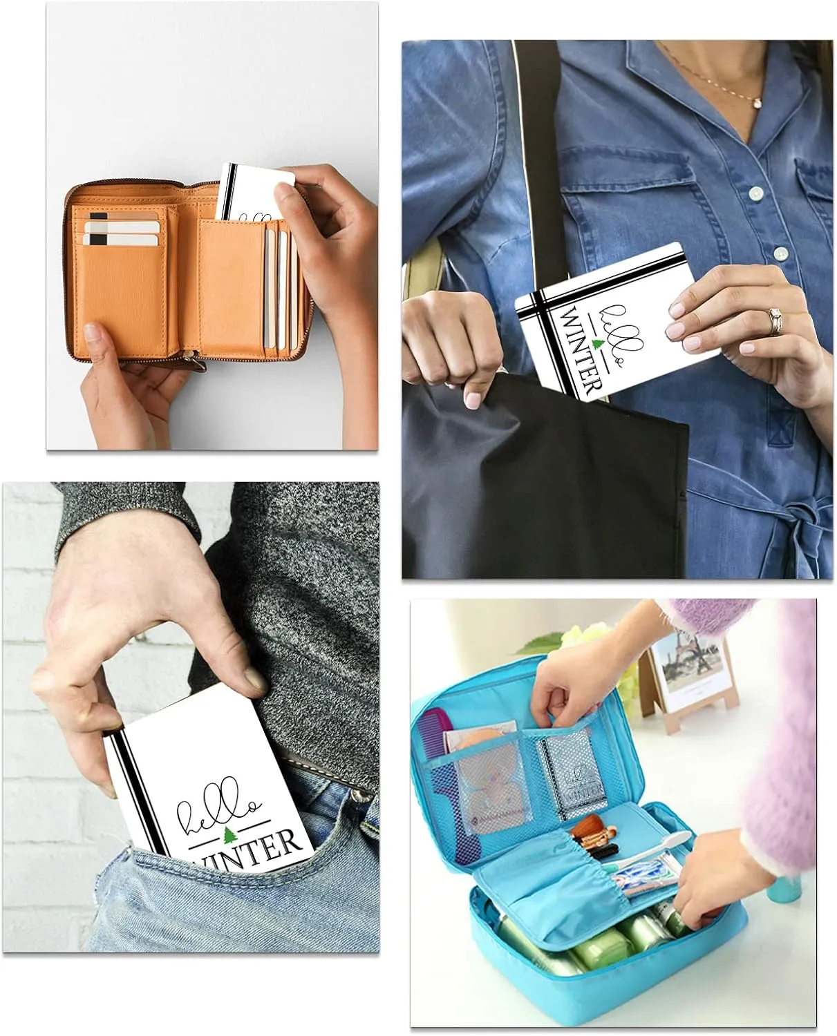Compact Card Mirror, Unbreakable Stainless Steel Makeup Mirror Hello Winter Simplicity Pattern Rectangular Handheld Small Travel Mirror for Camping, Travelling