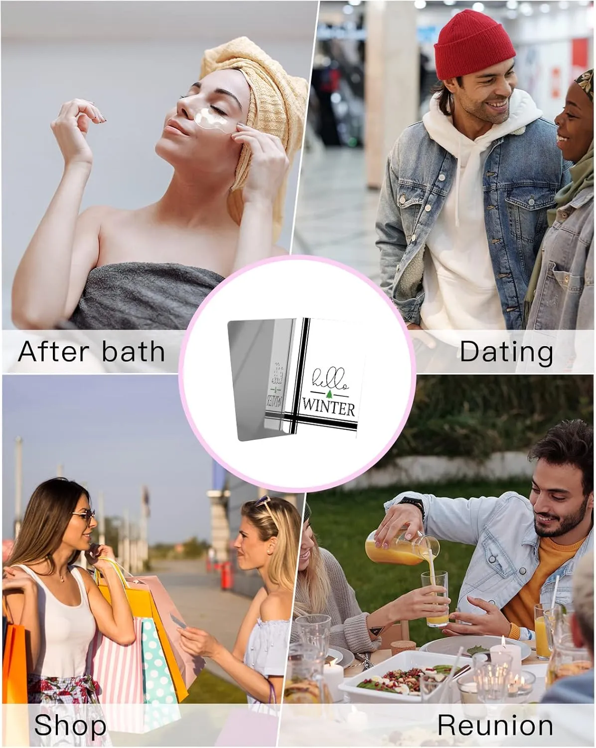 Compact Card Mirror, Unbreakable Stainless Steel Makeup Mirror Hello Winter Simplicity Pattern Rectangular Handheld Small Travel Mirror for Camping, Travelling
