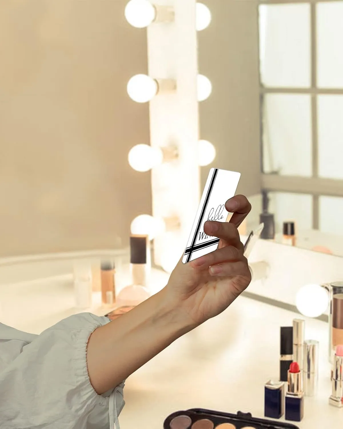 Compact Card Mirror, Unbreakable Stainless Steel Makeup Mirror Hello Winter Simplicity Pattern Rectangular Handheld Small Travel Mirror for Camping, Travelling