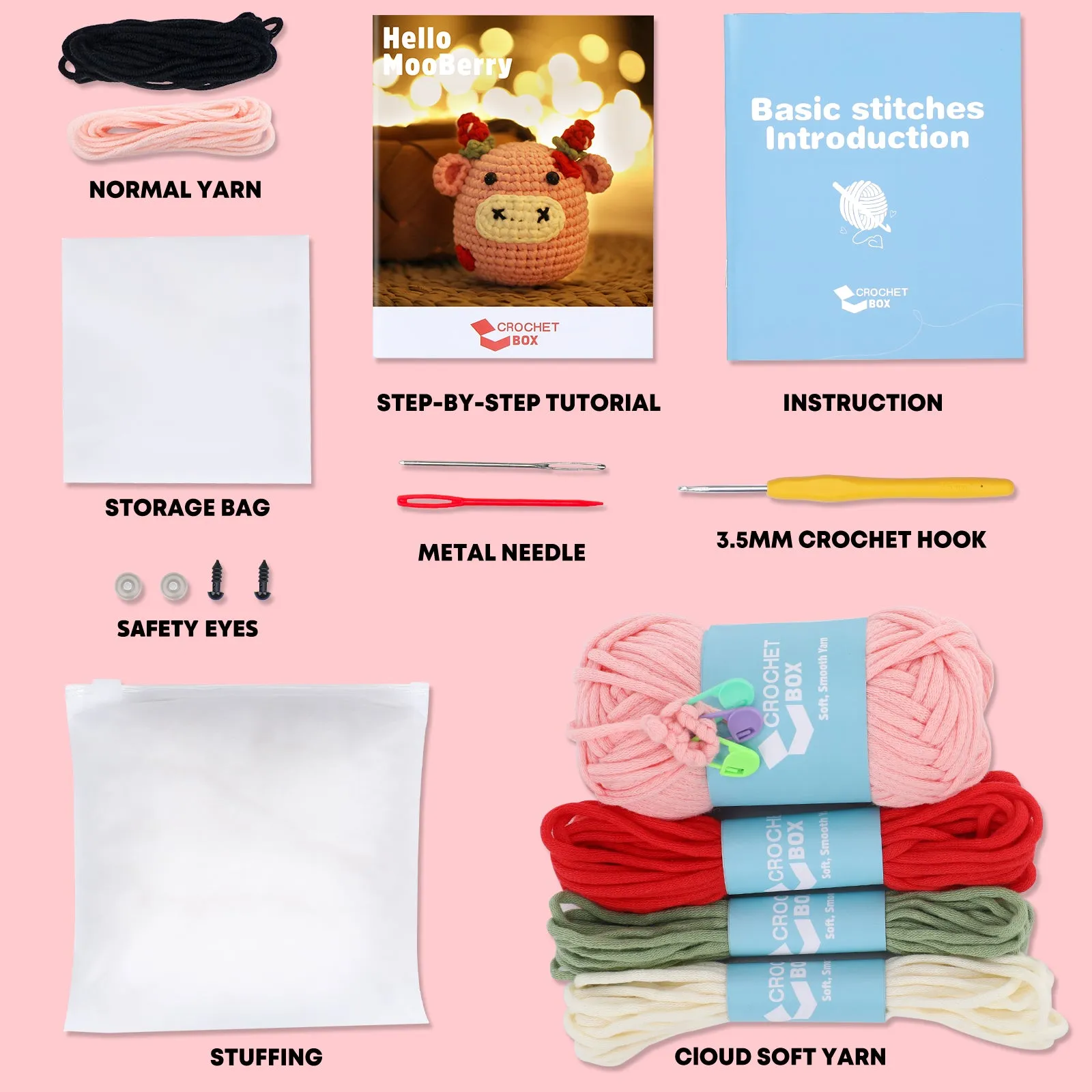 Complete Crochet Kit for Beginners—— Milk pink cow