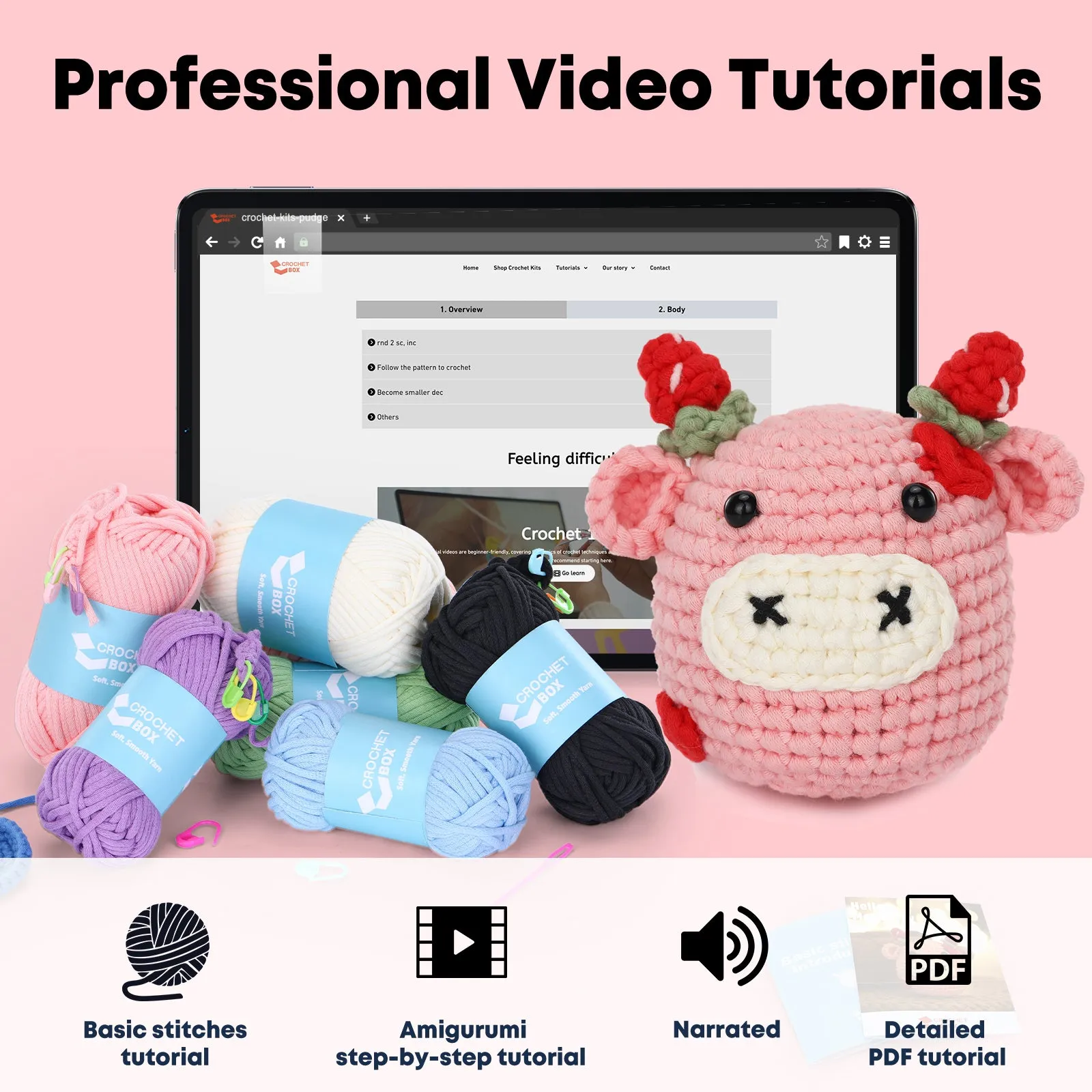 Complete Crochet Kit for Beginners—— Milk pink cow