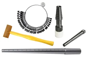 Complete Ring Sizing and Shaping Kit: Ring Sizer Gauge, Ungrooved Steel Mandrel, Ring Stretcher Tool, and Rawhide Hammer