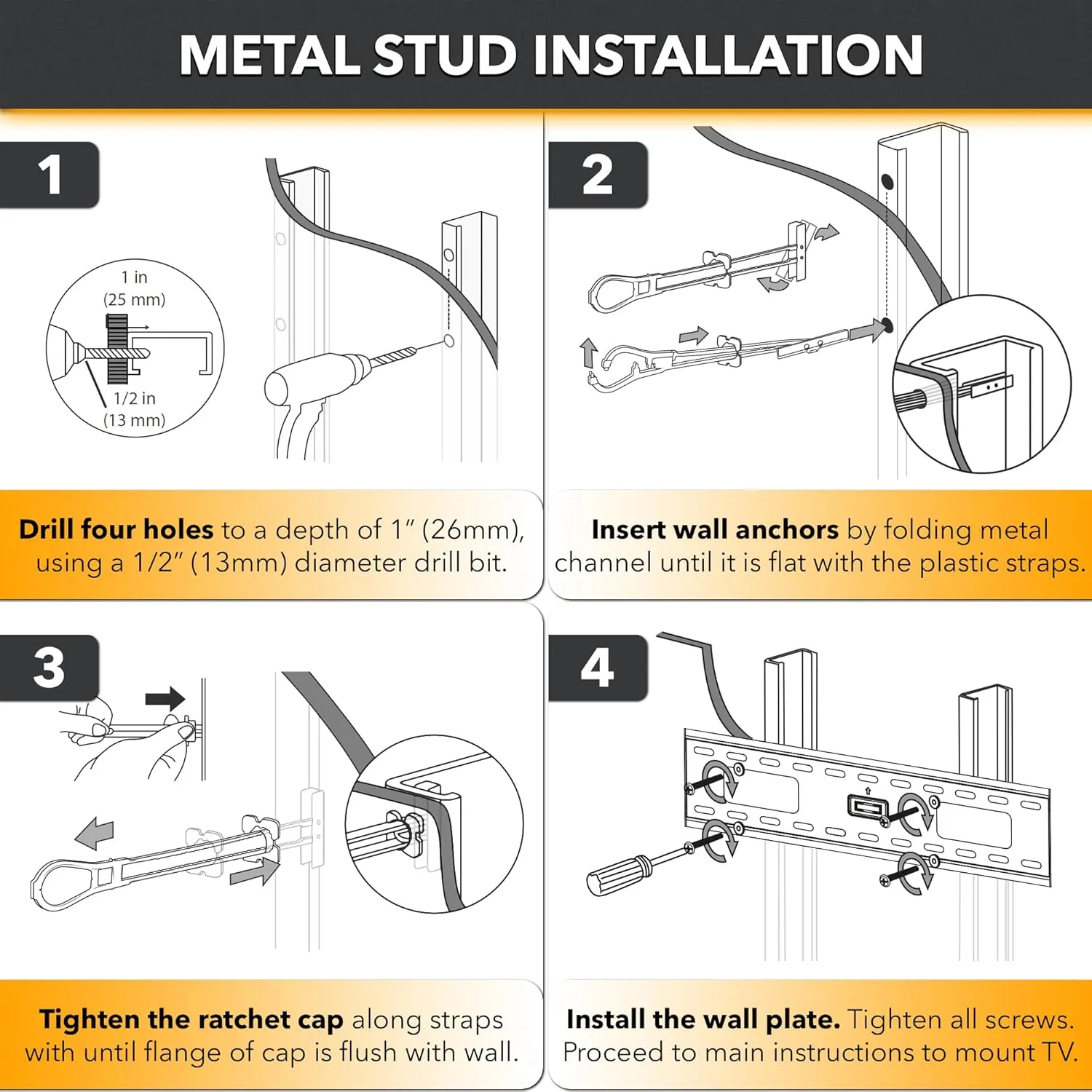 CondoMounts MSK8001 Steel Stud TV Mounting Kit | Metal Stud Anchors | TV Mount Metal Studs | Holds 200lbs on Steel Stud | Includes 6 Elephant Anchor (1/4) Set & 1-Pilot Head Titanium Drill Bit