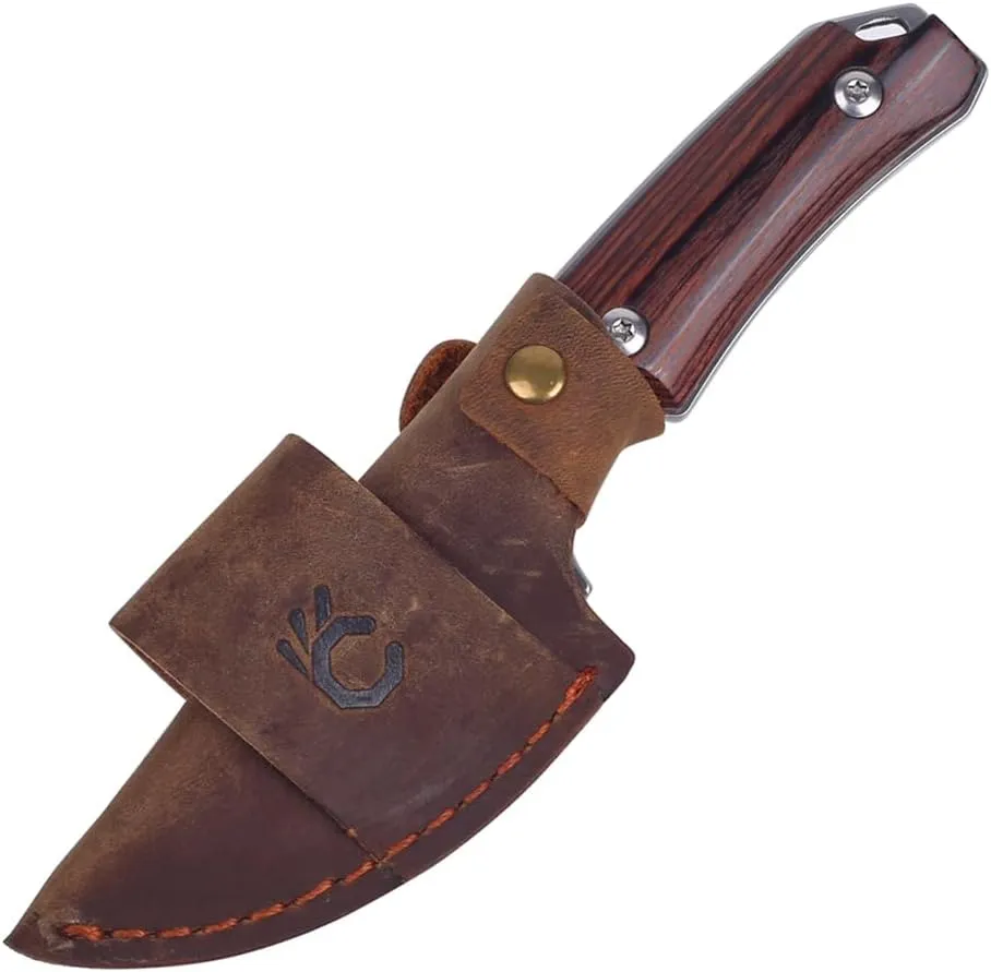 Cool Hand 5.98" Knife with Leather Sheath, Survival Hunting Knives, Full Tang Compact, Leather Belt Loop Sheath with Buckle, Outdoors Drop Point 440C Fixed Blade, Wood Handle