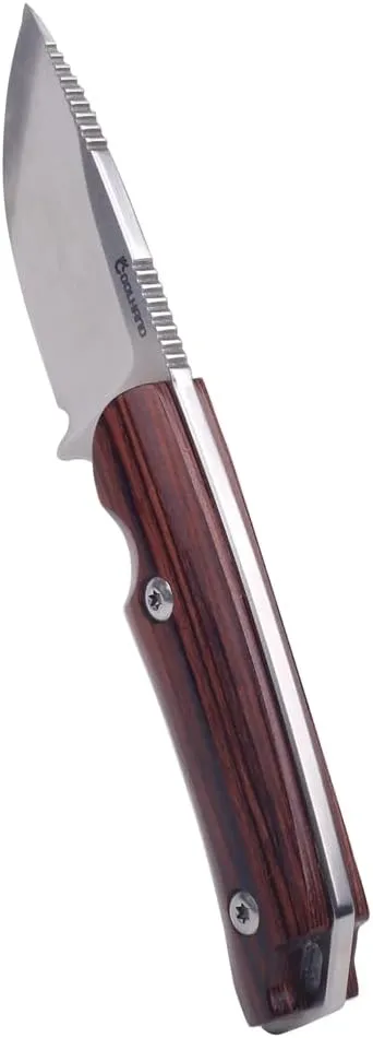 Cool Hand 5.98" Knife with Leather Sheath, Survival Hunting Knives, Full Tang Compact, Leather Belt Loop Sheath with Buckle, Outdoors Drop Point 440C Fixed Blade, Wood Handle
