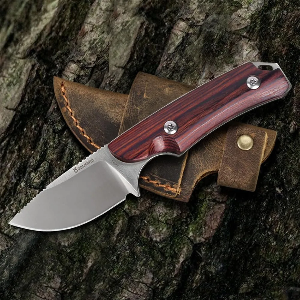 Cool Hand 5.98" Knife with Leather Sheath, Survival Hunting Knives, Full Tang Compact, Leather Belt Loop Sheath with Buckle, Outdoors Drop Point 440C Fixed Blade, Wood Handle