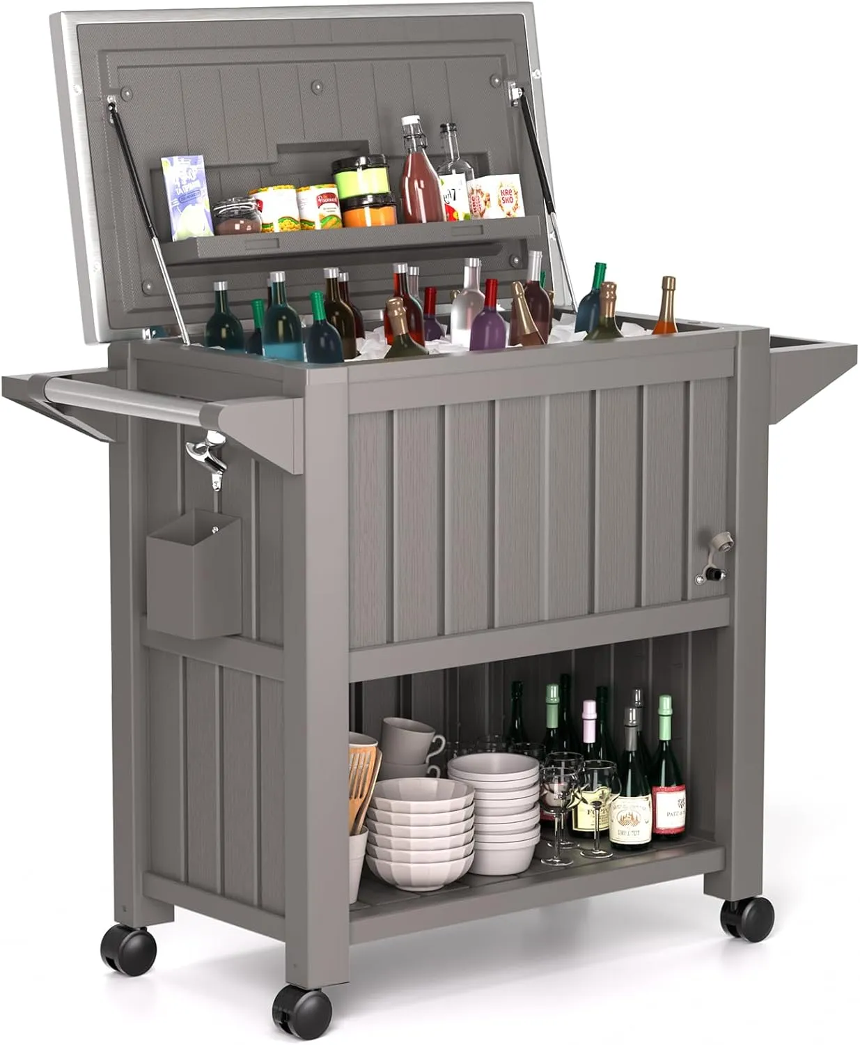 Cooler on Wheels, 85-Quart Patio Cooler on Wheels with Drainage Hole, Metal Panel & Bottle Opener, Outdoor Waterproof Roling Bar Cart for Patio Pool Deck Parties