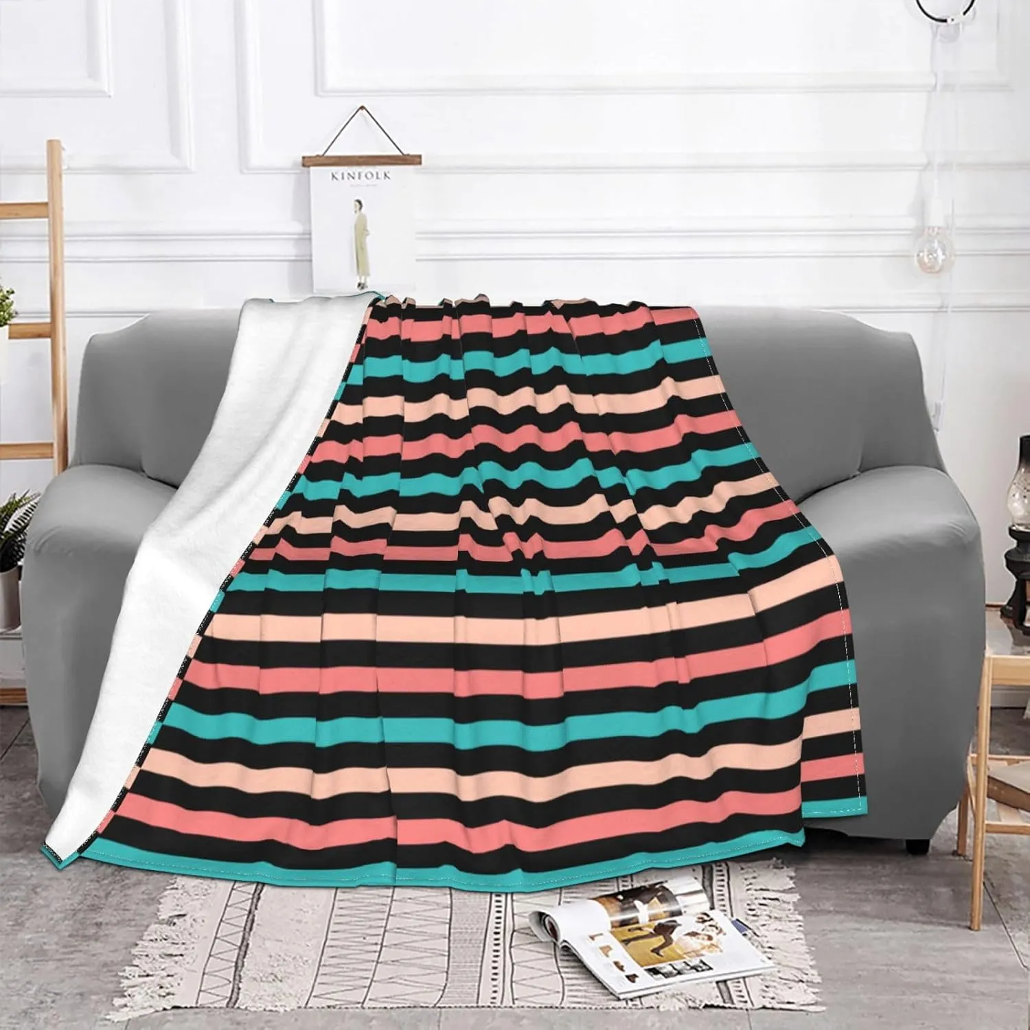 Coral and Aqua Blue Stripes Pattern 60"X50" Flannel Blanket - 100% Soft Polyester, Lightweight and Warm, Suitable for Families, Camping, Travel