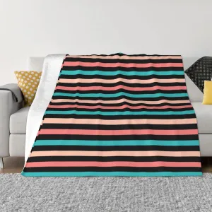 Coral and Aqua Blue Stripes Pattern 60"X50" Flannel Blanket - 100% Soft Polyester, Lightweight and Warm, Suitable for Families, Camping, Travel
