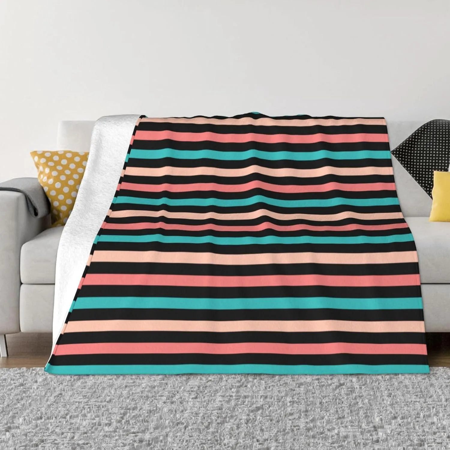 Coral and Aqua Blue Stripes Pattern 60"X50" Flannel Blanket - 100% Soft Polyester, Lightweight and Warm, Suitable for Families, Camping, Travel