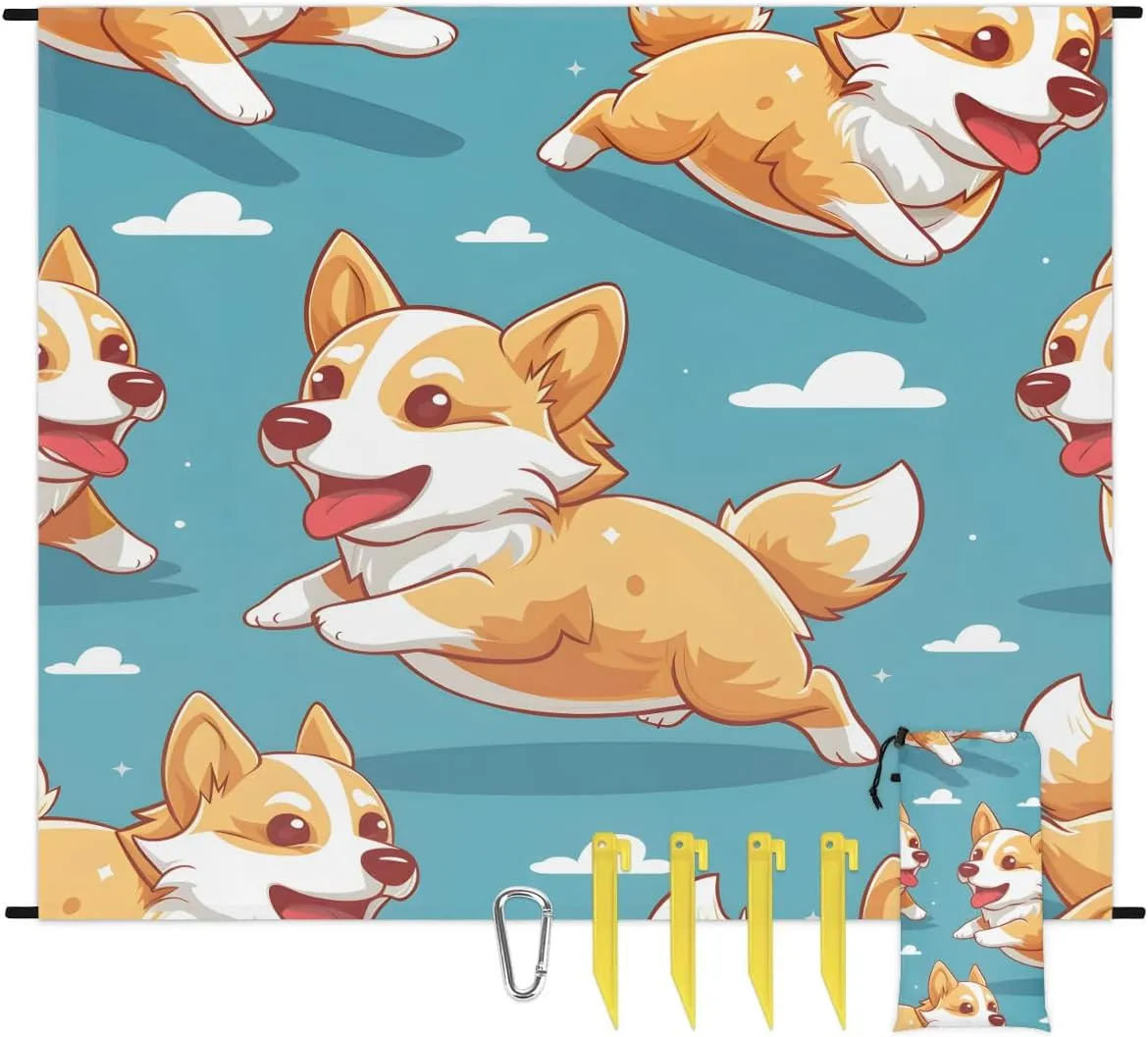 Corgi Dog Beach Blanket, Sandproof Beach Mat, 68 x 59 Waterproof Quick Drying Sand Free Mat with 4 x Ground Spikes for Outdoor Travel Camping Hiking, Pet Dog