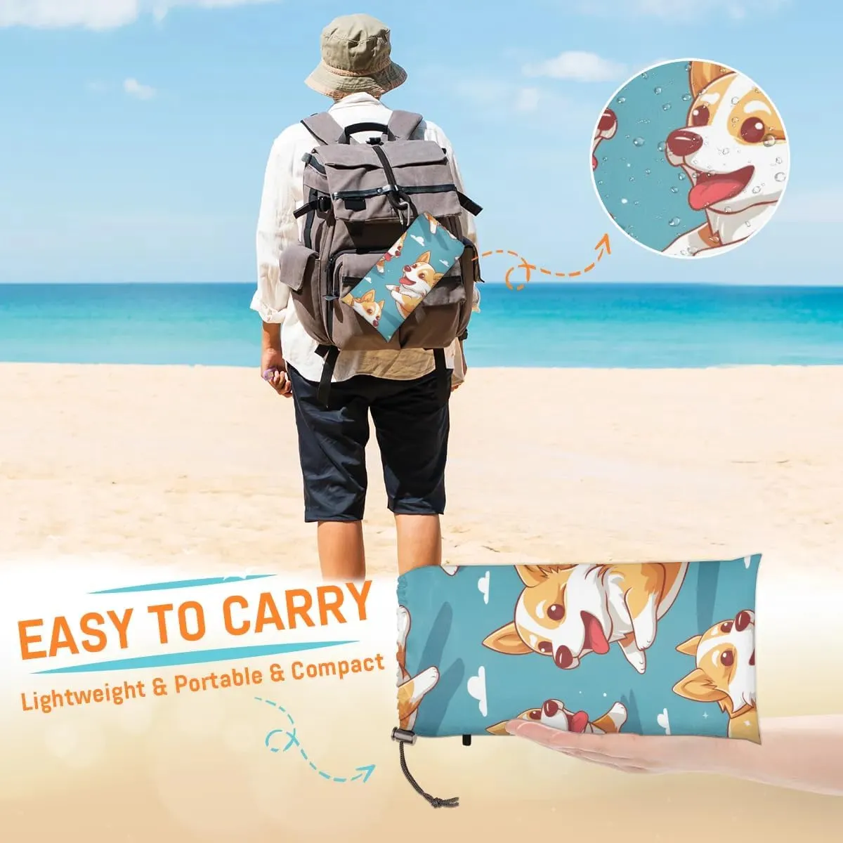 Corgi Dog Beach Blanket, Sandproof Beach Mat, 68 x 59 Waterproof Quick Drying Sand Free Mat with 4 x Ground Spikes for Outdoor Travel Camping Hiking, Pet Dog