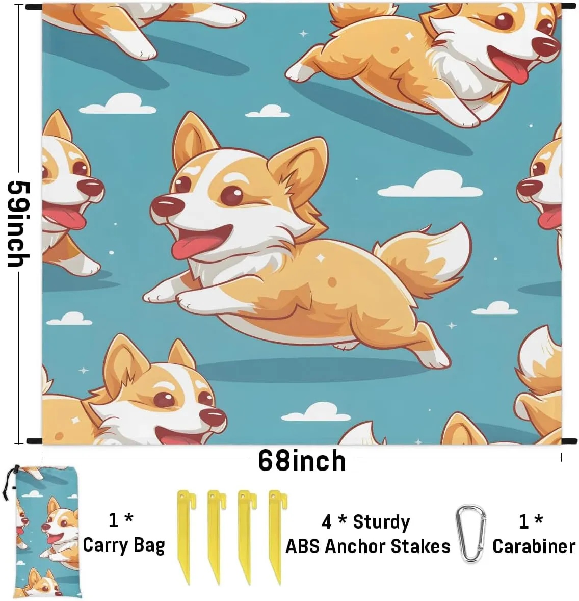 Corgi Dog Beach Blanket, Sandproof Beach Mat, 68 x 59 Waterproof Quick Drying Sand Free Mat with 4 x Ground Spikes for Outdoor Travel Camping Hiking, Pet Dog