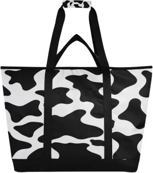 Cow Style Black White Reusable Insulated Lunchbox Cooler Bag, Leakproof Kitchen Grocery Bag Collapsible Portable Cooler Tote Bag for Picnic, Camping, Office, Travel