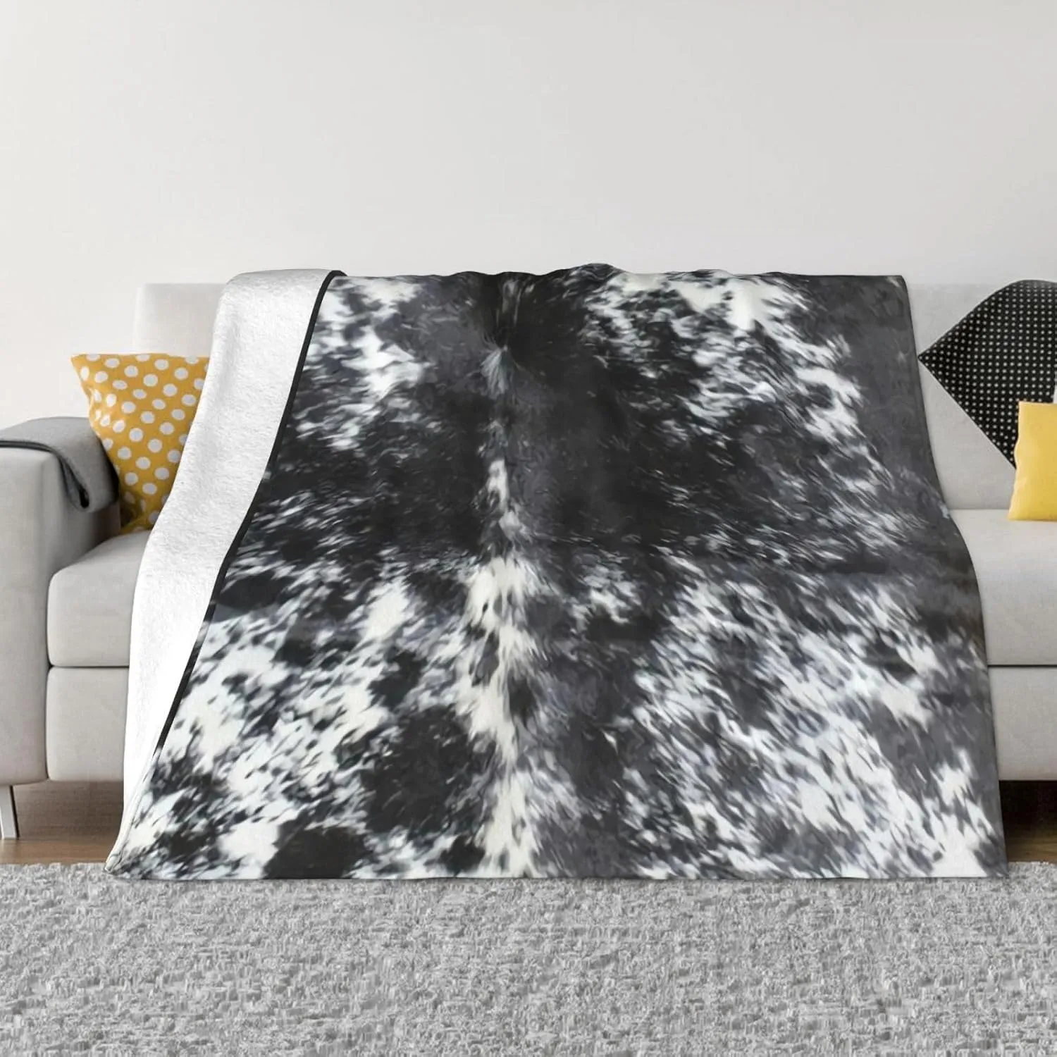 Cowhide Black and White 60"X50" Flannel Blanket - 100% Soft Polyester, Lightweight and Warm, Suitable for Families, Camping, Travel