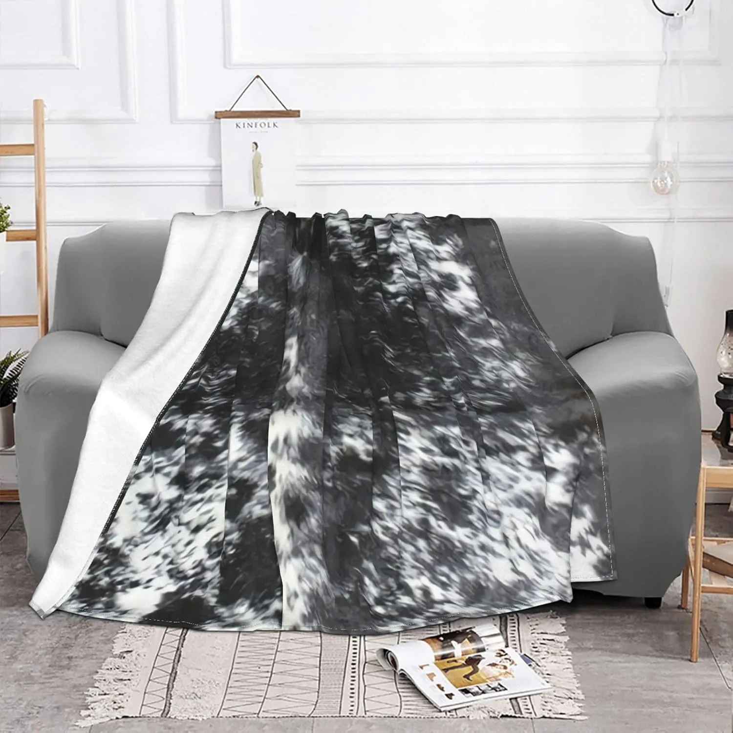 Cowhide Black and White 60"X50" Flannel Blanket - 100% Soft Polyester, Lightweight and Warm, Suitable for Families, Camping, Travel