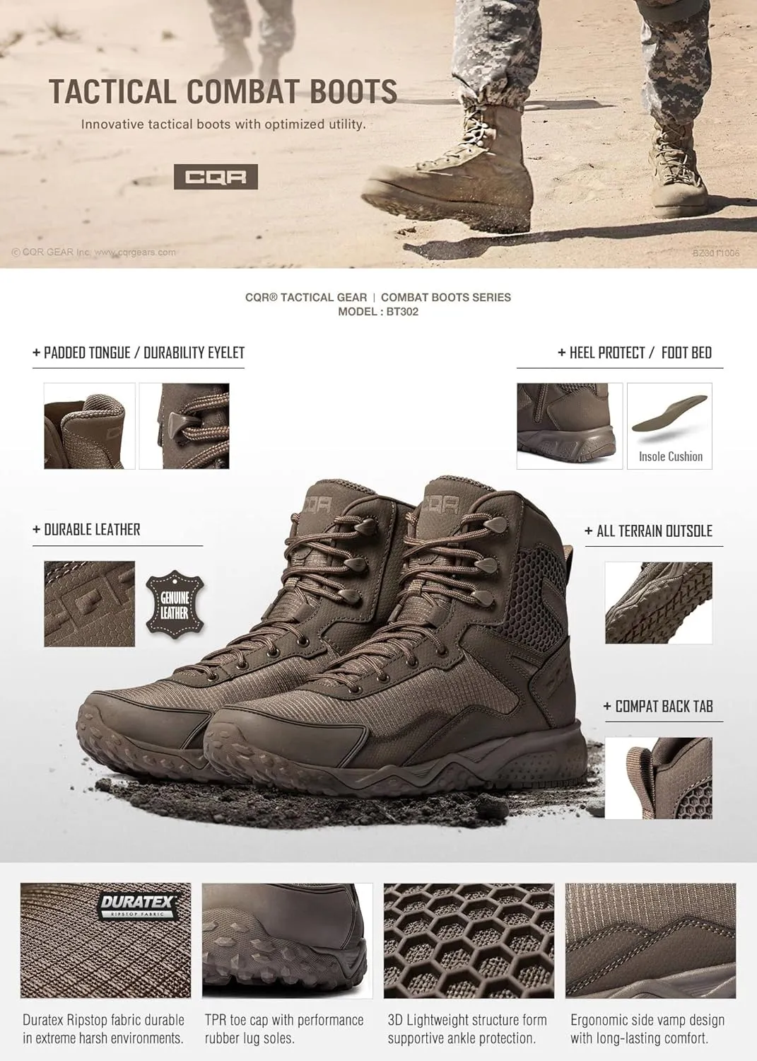 CQR Men's Military Tactical Boots, Lightweight 6 Inches Hiking Combat Boot Durable Breathable Outdoor Work Motorcycle Footwear