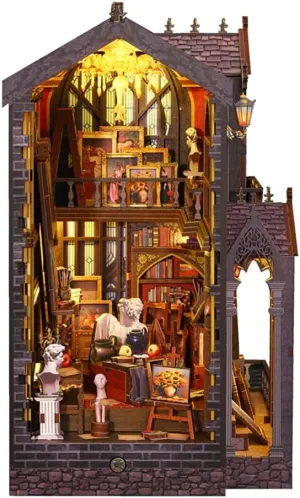 Create Your Own Book Nook - DIY Dollhouse 3D Puzzle Painting Studio with LED Lights and Music Handcrafted Wooden Miniature House Model for Bookshelf Home Decor Gift Idea (6x7x10.3 Inches)