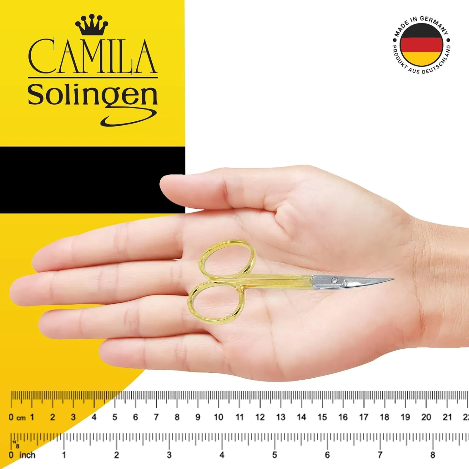 CS05 Professional Nail Cuticle Scissors, Hypoallergenic Gold Plated Sharp Curved Manicure Pedicure Grooming for Finger and Toe Nail Care. Made of Stainless Steel in Solingen, Germany