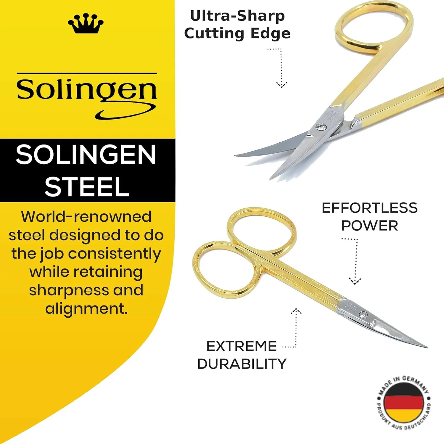 CS05 Professional Nail Cuticle Scissors, Hypoallergenic Gold Plated Sharp Curved Manicure Pedicure Grooming for Finger and Toe Nail Care. Made of Stainless Steel in Solingen, Germany
