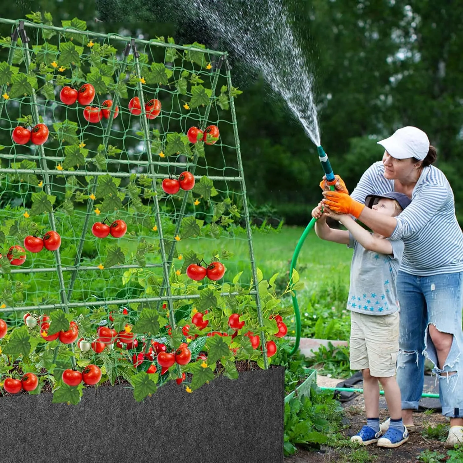Cucumber Trellis with 46 Gallon Grows Bag, 50 x 54 Inches A Frame Outdoor Greenhouse Trellis and Fabric Raised Bed, Climbing Net and Plant Support Clips for Bean Climbing Plants