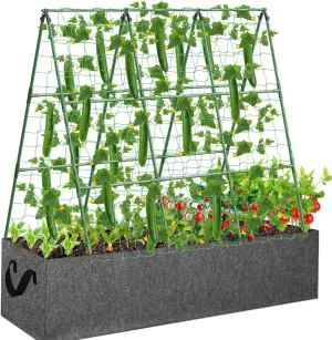 Cucumber Trellis with 46 Gallon Grows Bag, 50 x 54 Inches A Frame Outdoor Greenhouse Trellis and Fabric Raised Bed, Climbing Net and Plant Support Clips for Bean Climbing Plants