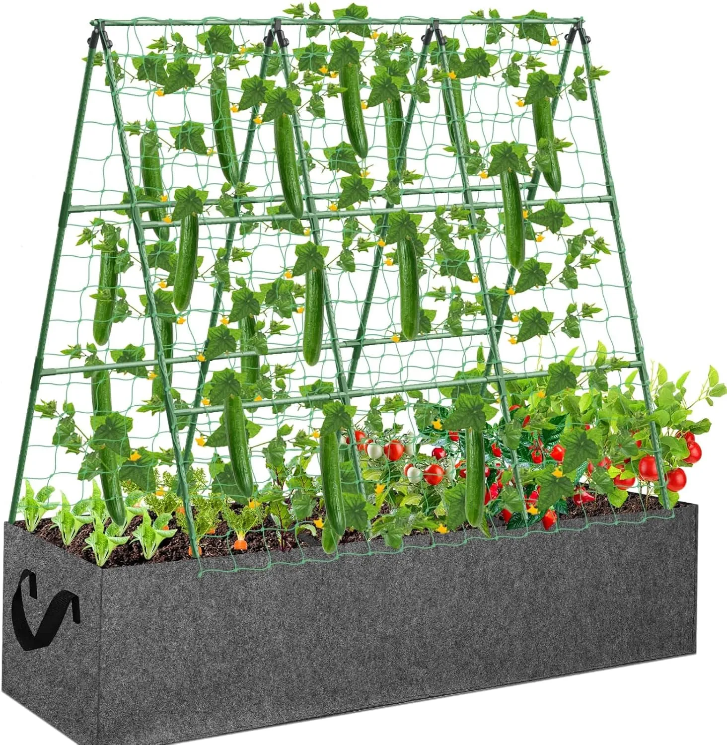 Cucumber Trellis with 46 Gallon Grows Bag, 50 x 54 Inches A Frame Outdoor Greenhouse Trellis and Fabric Raised Bed, Climbing Net and Plant Support Clips for Bean Climbing Plants