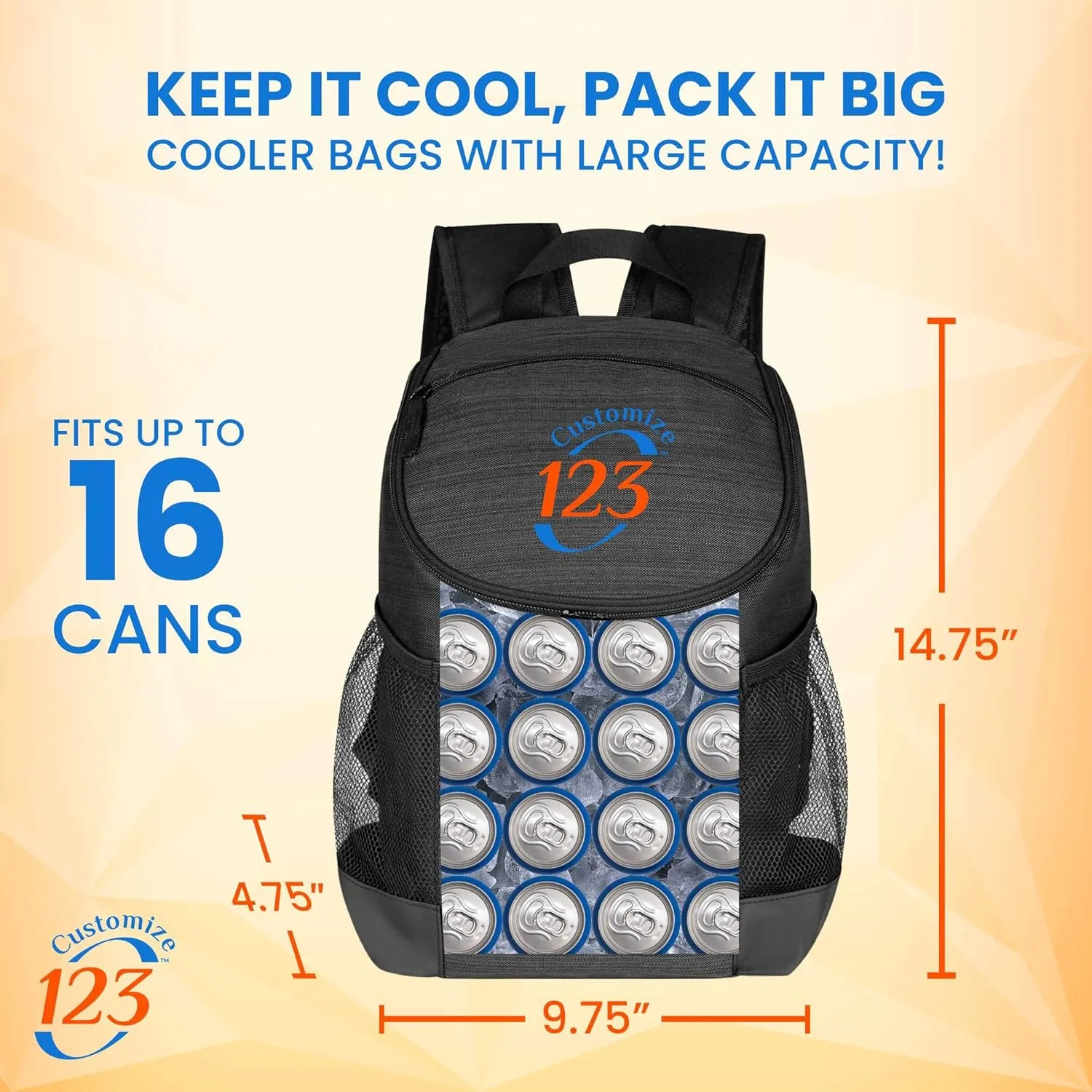 Custom Soft Cooler Bag - Personalize Your Insulated Bag | Backpack for Corporate Events or Gifts - Leak Proof Customizable Portable Cooler Bag Holds 16 Beer Cans - 14.75 x 9.75 x 4.75 - Customize 123
