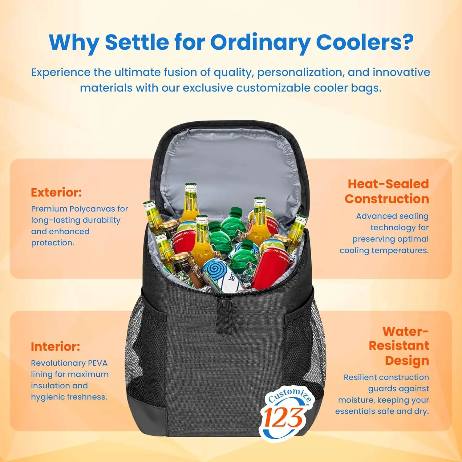 Custom Soft Cooler Bag - Personalize Your Insulated Bag | Backpack for Corporate Events or Gifts - Leak Proof Customizable Portable Cooler Bag Holds 16 Beer Cans - 14.75 x 9.75 x 4.75 - Customize 123