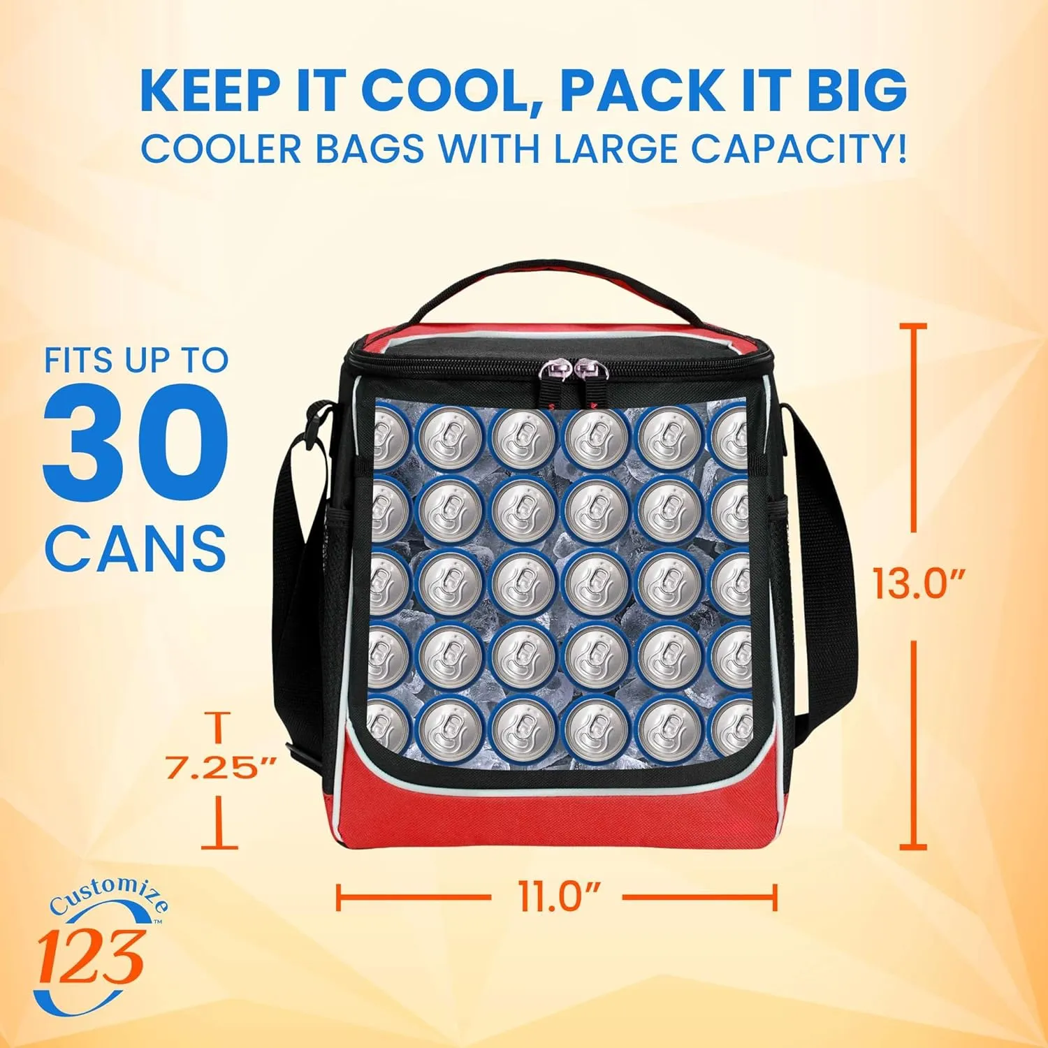 Custom Soft Cooler Bag - Personalize Your Insulated Bag | for Corporate Events or Gifts - Leak Proof Customizable Portable Cooler Bag Holds 30 Beer Cans - 13 x 11 x 7.25 - Customize 123