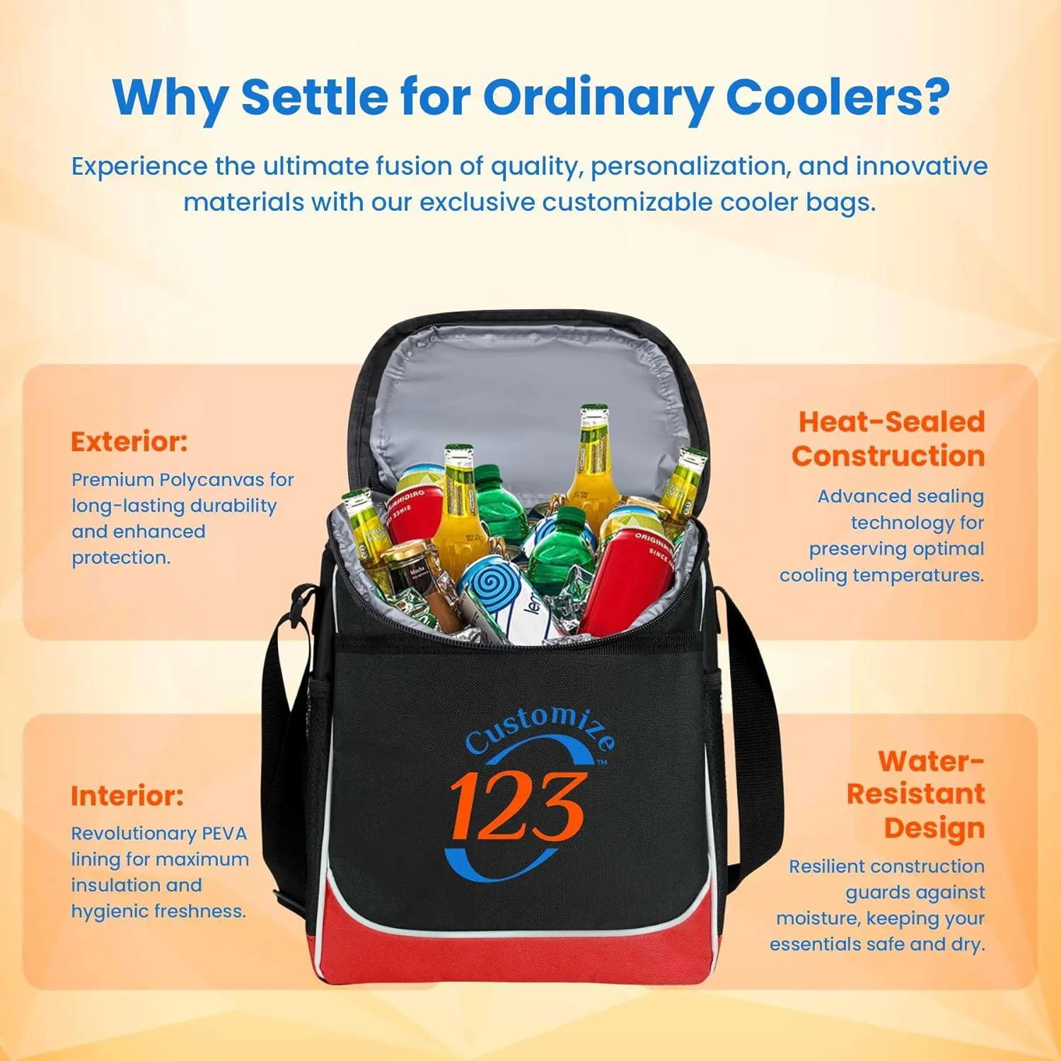Custom Soft Cooler Bag - Personalize Your Insulated Bag | for Corporate Events or Gifts - Leak Proof Customizable Portable Cooler Bag Holds 30 Beer Cans - 13 x 11 x 7.25 - Customize 123