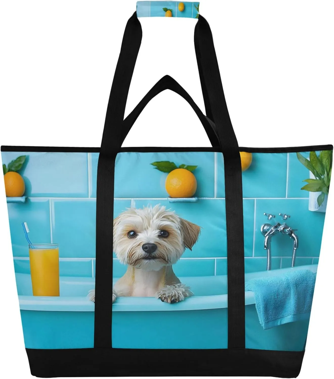 Cute Dog Reusable Insulated Cooler Bag with Ice Pack Compartment - Large 47L Waterproof Thermal Grocery Tote for Picnic Beach Camping Lunch Storage