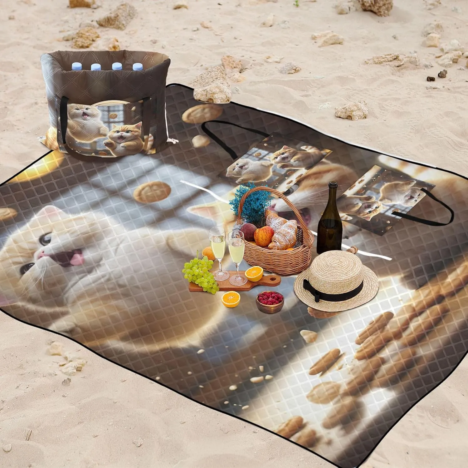 Cute Fat Cat Jumping Beach Blanket Waterproof Sandproof, Print Kids Camping Mat for Grass Foldable Mat Picnic Blanket, 80" x 60"