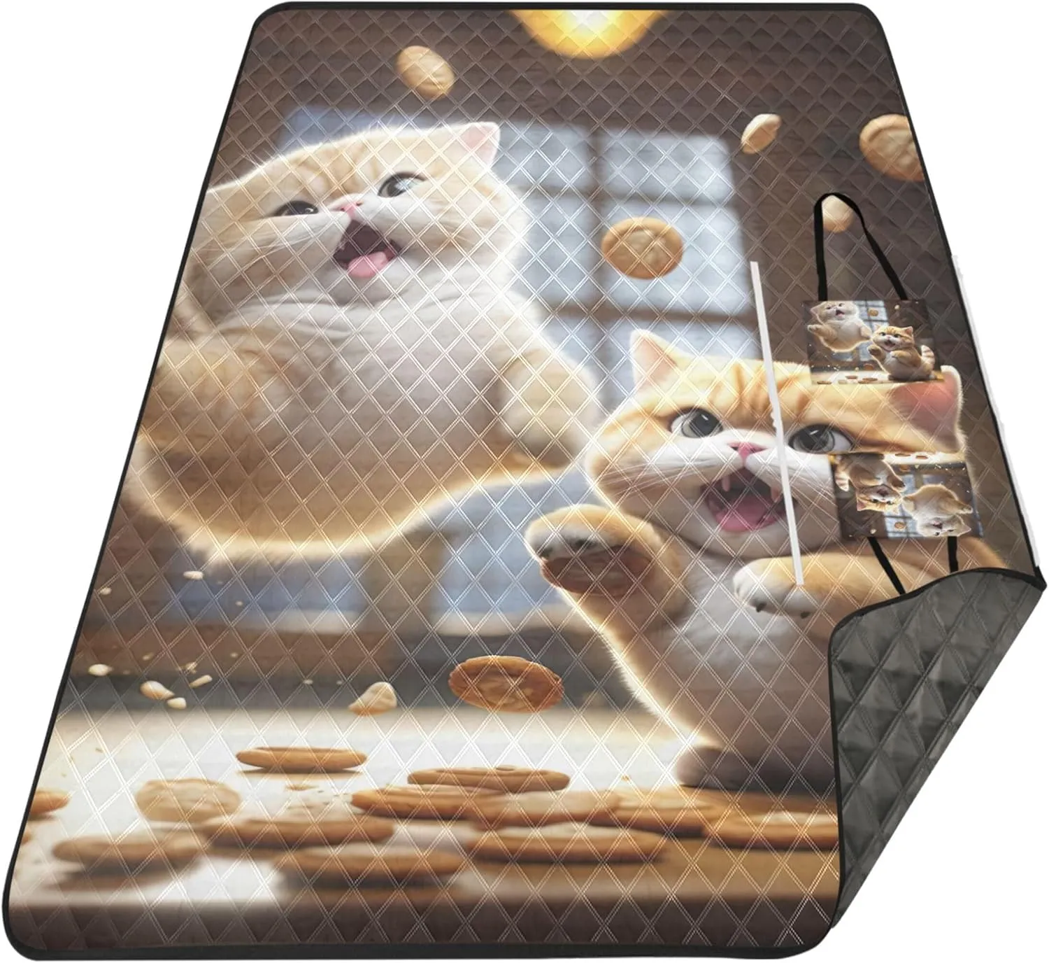 Cute Fat Cat Jumping Beach Blanket Waterproof Sandproof, Print Kids Camping Mat for Grass Foldable Mat Picnic Blanket, 80" x 60"