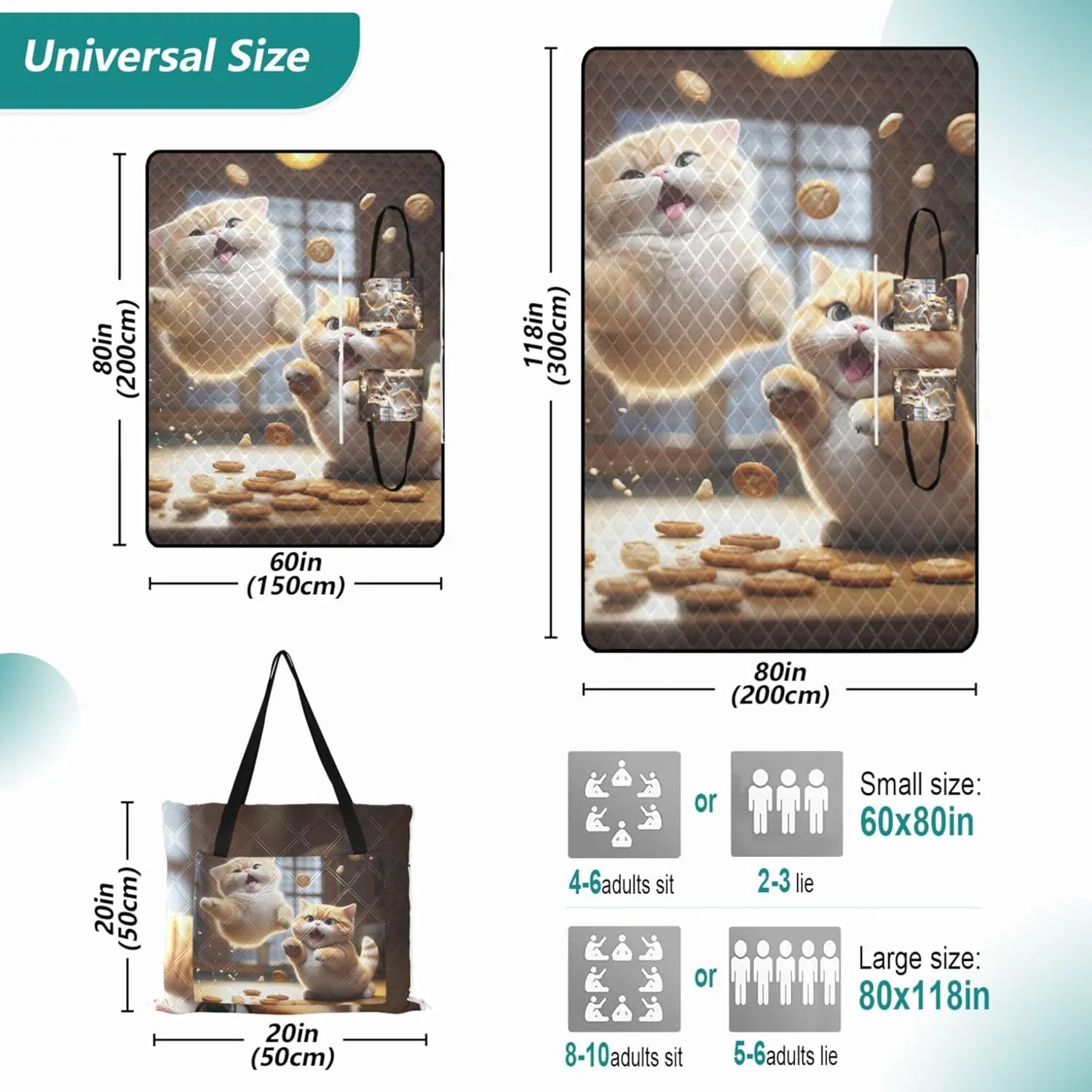 Cute Fat Cat Jumping Beach Blanket Waterproof Sandproof, Print Kids Camping Mat for Grass Foldable Mat Picnic Blanket, 80" x 60"