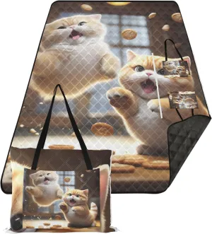 Cute Fat Cat Jumping Beach Blanket Waterproof Sandproof, Print Kids Camping Mat for Grass Foldable Mat Picnic Blanket, 80" x 60"