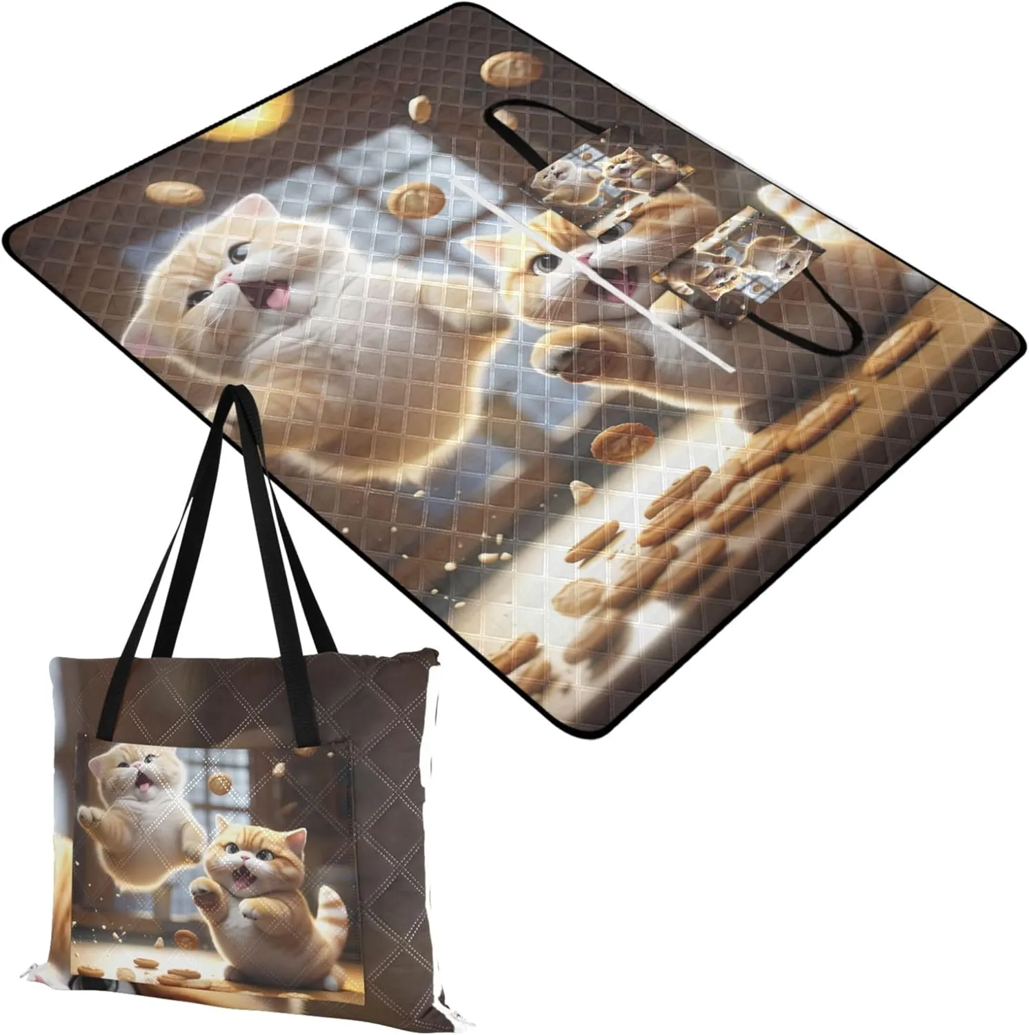 Cute Fat Cat Jumping Beach Blanket Waterproof Sandproof, Print Kids Camping Mat for Grass Foldable Mat Picnic Blanket, 80" x 60"