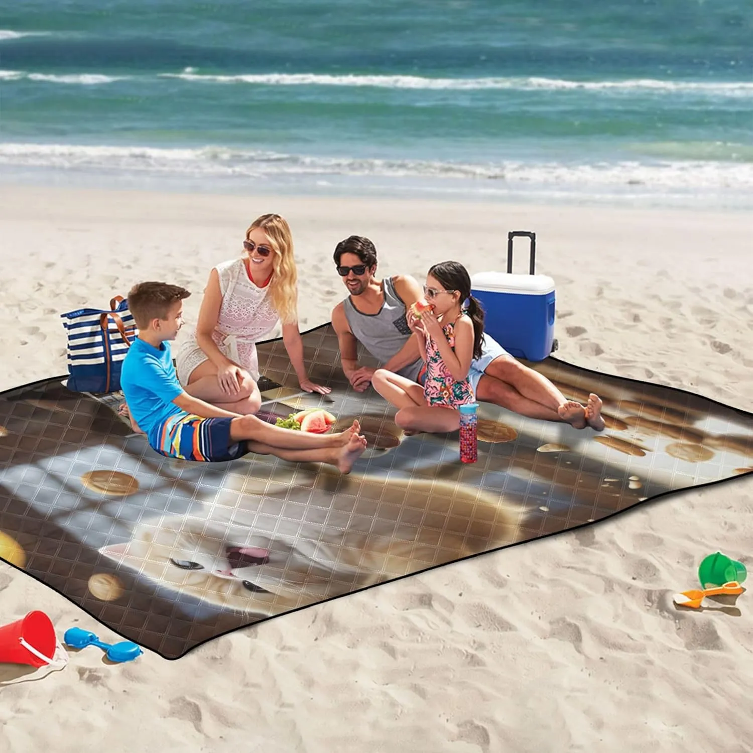 Cute Fat Cat Jumping Beach Blanket Waterproof Sandproof, Print Kids Camping Mat for Grass Foldable Mat Picnic Blanket, 80" x 60"