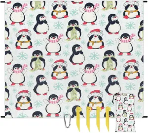Cute Penguins Beach Blanket, Sandproof Beach Mat, 68 x 59 Waterproof Quick Drying Sand Free Mat with 4 x Ground Spikes for Outdoor Travel Camping Hiking, Christmas Penguins